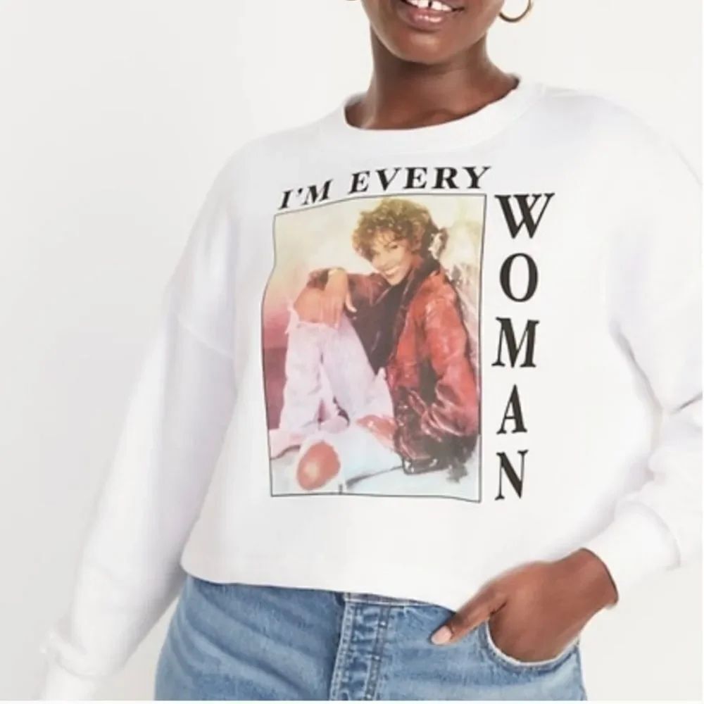 Whitney Houston White Graphic Sweatshirt - I'm Every Woman Cropped Xl
